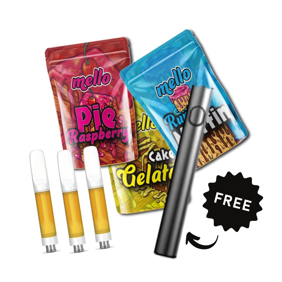 HHC Vape Cart Bundle Deal | 3 x Vape Carts + FREE Battery Mello HHC Vape Cart Bundle Deal | 3 x Vape Carts + FREE Battery Mello
